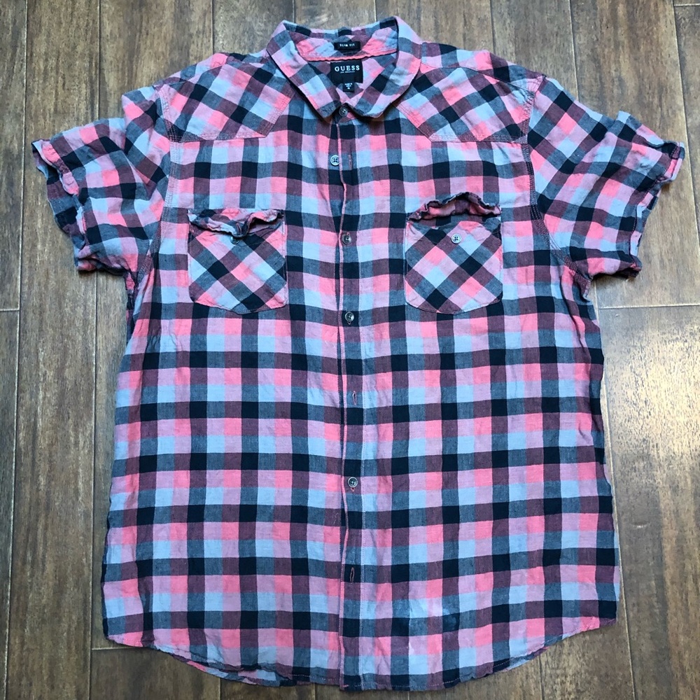 Guess Casual Plaid Button Down Shirt in Cardinal